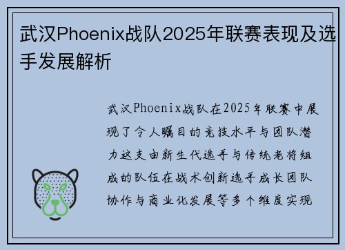 武汉Phoenix战队2025年联赛表现及选手发展解析